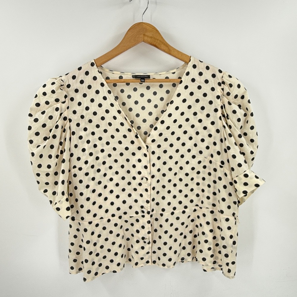 Who What Wear Polka Dot Blouse Cream XXL Puff Sleeve Peplum V-Neck Cotton Top